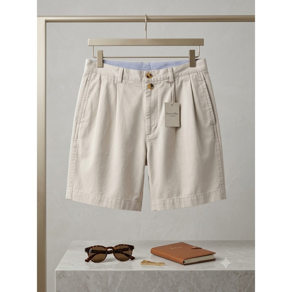 Christian Dior Monsieur Mens Pleated Chino Shorts Beige Cotton Twill 34